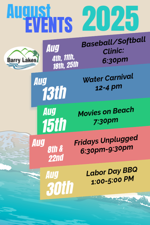 Barry Lakes Recreation - August 2025 Event Schedule